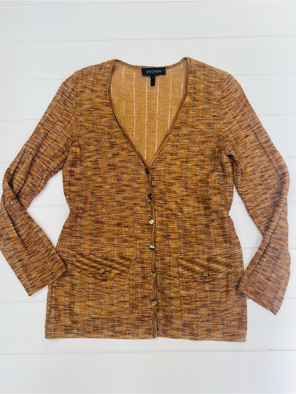 ESCADA Vintage Copper Marled Open Knit V-Neck Cardigan Sweater 38 Golf Buttons